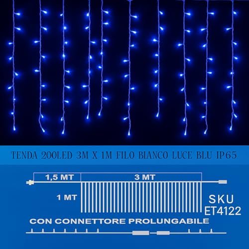 Elektronova Zasłona świetlna, 200 diod LED, 3 m, niebieskie światło, biały kabel, IP65, przedłużana, efekt błysku, z jednolitymi przewodami o długości 1 metra, wieniec bożonarodzeniowy, sklepy, balkon