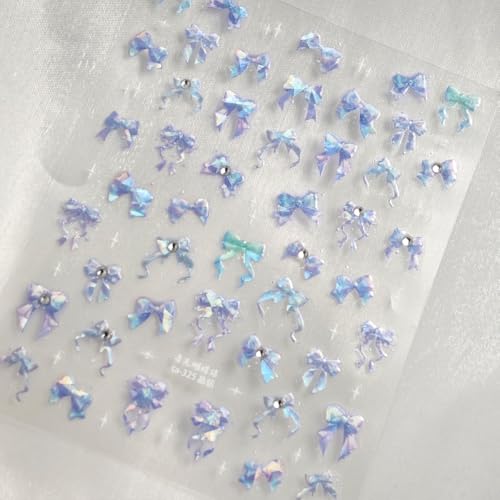 Image of Bow Nail Art Stickers Blue Purple Nail Decals with Rhinestone Design 5D Embossed Self-Adhesive Nails Art Supplies for Women Girls Kid DIY Manicure Decoration
