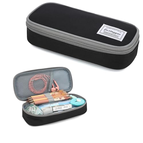 Image of FUXINGYAO Pencil Case, Multi-compartment Pencil Pouch, Portable Pencil Bag (Black with Gray)