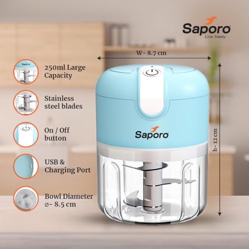 Image of Saporo Strike Mini Rechargeable Vegetable Chopper for Kitchen - One Touch Operation - 3 Stainless Steel Blades for Chopping Onion, Mincing Garlic, Nuts, Meats - 250 ml Capacity, Blue