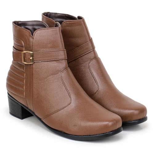 Image of TRASE Stylish Boots for Woman | Synthetic Leather Trendy Winter Shoes with Buckle Strap & Zipper | Comfortable & Lightweight Ladies Footwear
