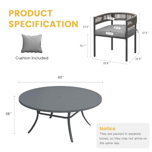 Image of VICLLAX Patio Dining Set for 8-63 inch Round Table & Cushioned Seats, Grey