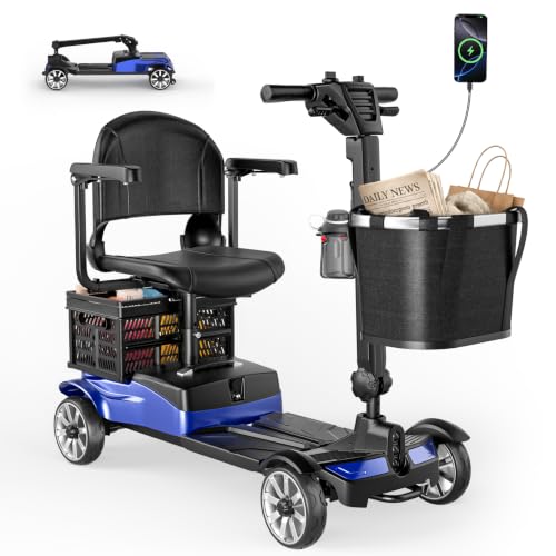 Image of 4 Wheels Motorized Scooter for Seniors& Rotating Seat & 15 Miles Range | 350LBS Capacity& 350W Powerful Moto& LED Light& Double Baskets& Auto Brake-Blue