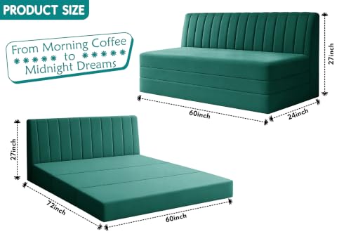 Image of Los Angeles Modern Velvet 3-Seater Sofa Cum Bed, Multipurpose Convertible Sleeper Couch Sofa for Living Room, Bedroom & Office- Green Color
