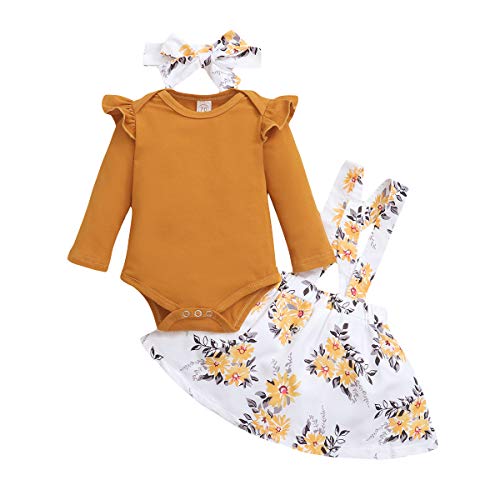 Baby Girl Clothes,Toddler Girls Outfits Long Sleeve Romper Bodysuits T-Shirt Floral Skirt Strap Infant Overall Dress Clothes Set 3pcs(Orange,9-12 Months)