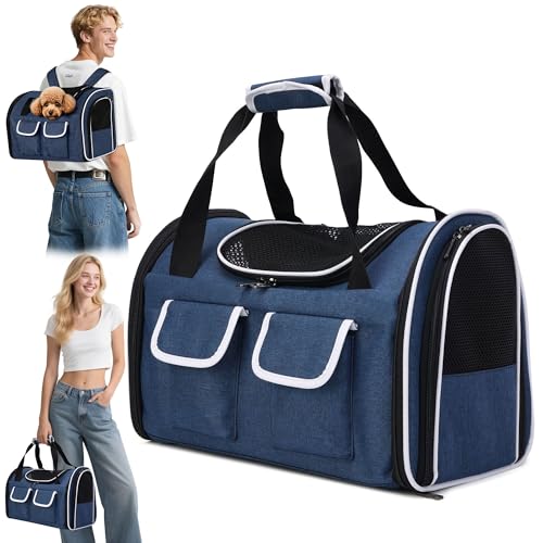 ALLSOPETS Zaino Pieghevole per Gatti Grandi e Cani Piccoli, Trasportino Traspirante con Cuscino Removibile e Tasche, Borsa da Viaggio per Animali Fino a 10 kg (Blu Indaco, L)