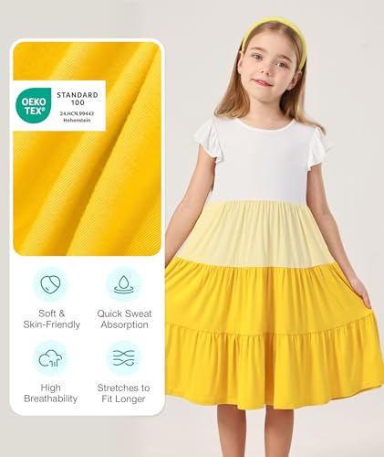 Bamboo Viscose Girl's Summer Dresses 5-14Y, Flutter Sleeve Tiered Swing Midi Casual Sundress with Pockets4