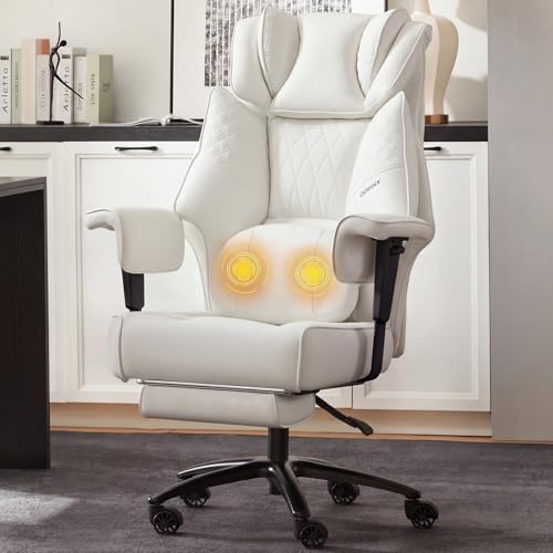 Image of Dowinx Big and Tall Office Chair 400 Lbs with Rotating Massage Lumbar Support, Wide Thick Seat Cushion and Adjustable Armrest,Computer Gaming Chairs with Footrest, White