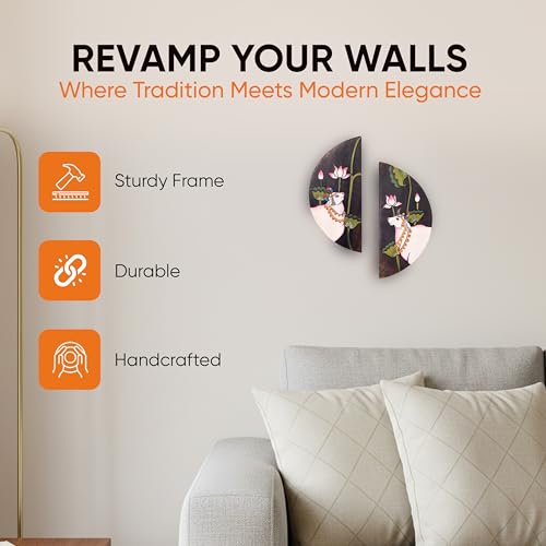 Image of AAKRITI ART CREATIONS Pichhwai Nandi Handpainted Wall Panels, Pichhwai Art Wooden Wall Hanging Set of 2 Multicolor | Matte Finish Wooden | Home Items for Living Room, Bedroom, Office