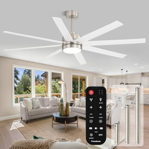 Image of Conciseer 65 Inch Ceiling Fans with Lights and Remote for Bedroom Living Room Kitchen Office, Indoor /Outdoor Use, 3CCT Dimmable, 8 Blades 6 Speed Reversible Quiet DC Motor, Sand-nickel /White