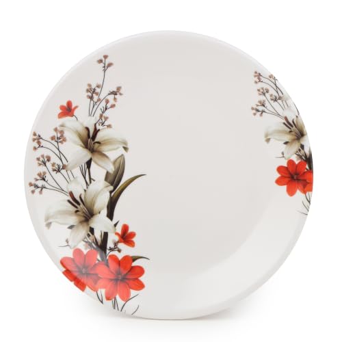 Image of Golden Fish Melamine Round Dinner Plate Set of 4 | Red & White Floral Print | Unbreakable, Dishwasher & Microwave Safe