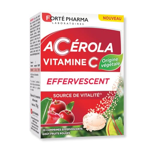 Forté Pharma - Acérola Effervescent | Vitamine C Naturelle à boire, origine végétale - Complément Alimentaire Vitalité, Anti fatigue | 20 Comprimés, 1/jour - Goût fruits rouges