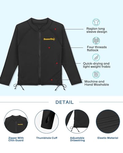 Image of BesserBay Big Girls Long Sleeve UPF 50+ Black Orange Ruched Side Surfing Shirt Zipper Quick-Dry Rashguard 13-14 Years