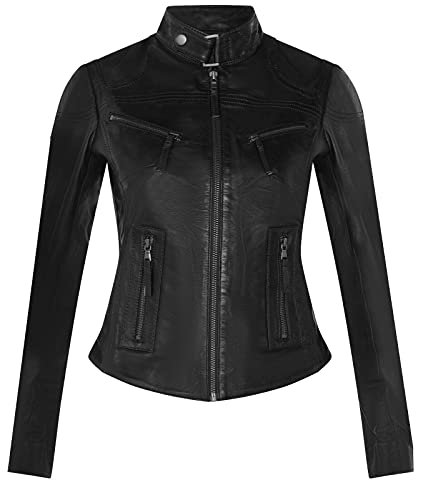 Infinity Leather Damenjacke 100% Echtleder Slim Fit Klassischer Ausschnitt Schwarz M