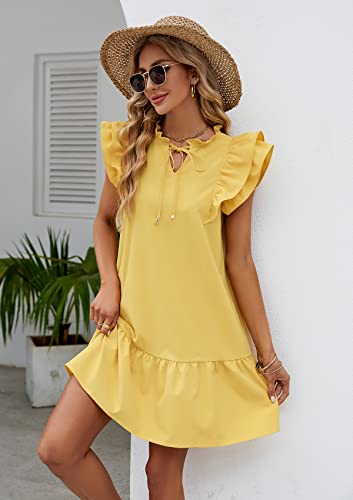 Anna&Chris Womens Sundresses Summer Tie V Neck Ruffle Cap Sleeve Mini Dress With Pockets A Line Short Babydoll Dresses Yellow L #TOP4