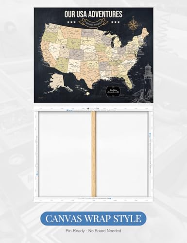 Image of IPIC Canvas USA Map Painting for Wall Decor, Large Pinnable Amerika Travel Map Print, Ready to Hang