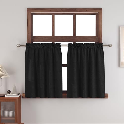 Small Tiers Black 2 Pack Faux Linen Textured Kitchen Short Small Mini Window Curtains Valance 30 inches Length Privacy Home Decor Classic Cafe Basement Living Room/Bedroom 34W by 30L Rod Pocket by LKTCOBTAC - Used condition - CA$6.31