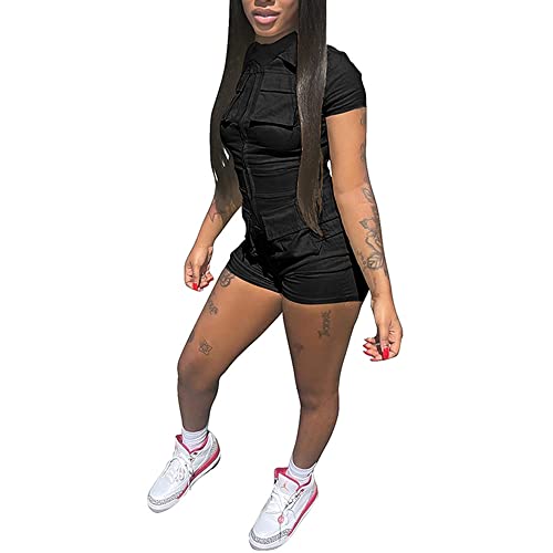 Itnpbwus Jumpsuits For Women Elegant Summer High Waist Romper One Piece Outfit With Pocket Zip Front Short Sleeve Bodycon Clubwear Black Xl #TOP1