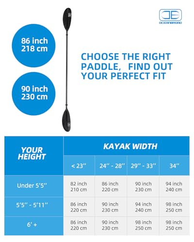 Image of OCEANBROAD Kayak Paddle 230CM /90.5 Inches Carbon Shaft Kayaking Boating Oar with Paddle Leash