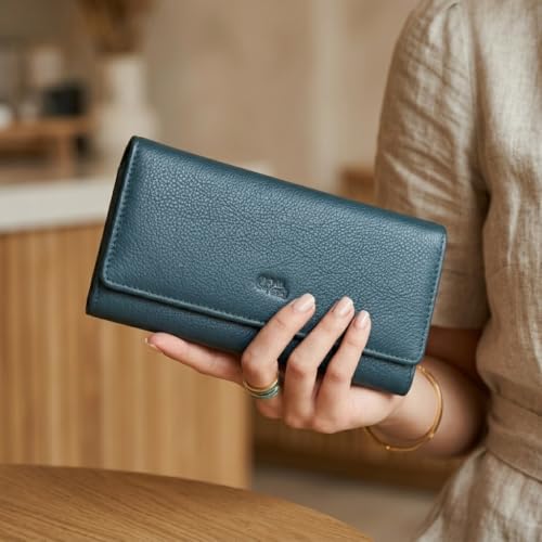 Image of Women's Top Grain Leather Wallet, RFID Blocking Bifold clutch, 17 Card Slots, Zip Pocket Organizer, Elegant Gift for Women - Birthday, Valentine, Anniversary - TEAL BLUE