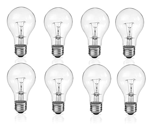 (Pack of 8) Incandescent 60 Watt A19 Light Bulb: Clear Standard Household E26 Medium Base Rough Service Light Bulbsâ€¦