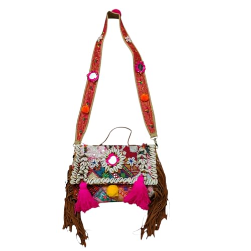 Boho Crossbody Handbag with Cowrie Shells, Fringe, Tassels, Mirrors and Embroidered Strap