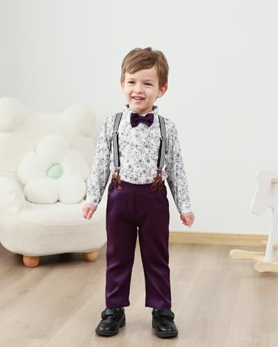 ZOEREA Toddler Boy Suit Formal Wedding Outfits Gentleman Clothes Long Sleeve Shirt + Suspender Pants + Bowtie2