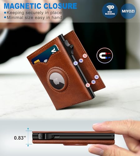 Image of miyozi Airtag Wallet for Men,with Cash Pocket 2 ID Window 9-12 Cards,Metal Case Smart Slim Pop Up Credit Card Holder Flip with Magnetic Closure RFID Blocking Trifold wallet with Gift Box