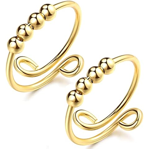 2Pcs Anxiety Rings With Beads Fidget Rings for Anxiety for Women Fidget Spinner Rings Worry Anxiety Beads Rings for Men 4 Gold Beads Rings Cover