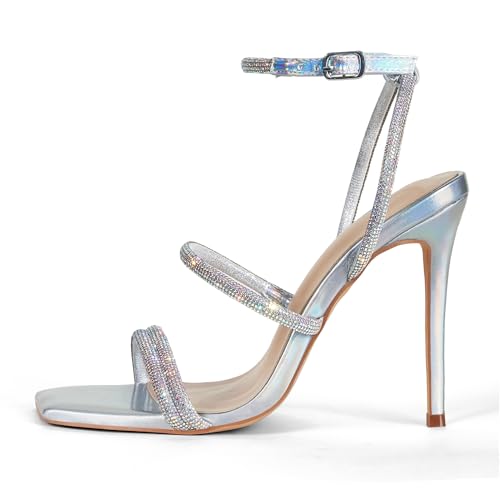 Image of Elisabet Tang 4 inch Stylish Ankle Strap Stiletto Sandals for Women - Sexy Square Open toe Gladiator High Heels for Party Commuting Daily use