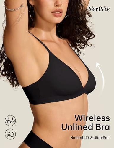 Vertvie Wireless Triangle Bralettes for Women Unlined Seamless Plunge Bras No Underwire Sexy Unpadded Tshirt Bra(Black,Medium)3