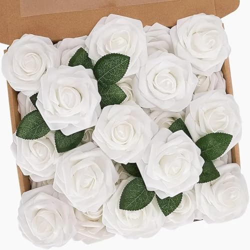 N&T NIETING Artificial Flowers 25pcs Fake Flowers White Rose Perfect for DIY Wedding Bridesmaid Bridal Bouquets Centerpieces Home Flower Arrangement Decoration