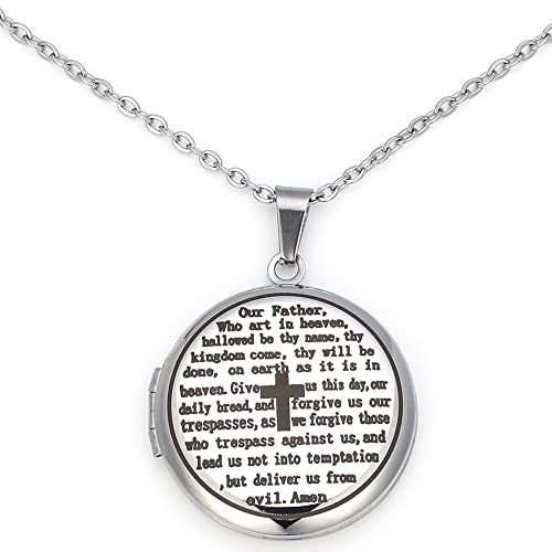 Uthosmdo Cross Religious Bible Locket, That Can Holds Pictures, Engraved English Bible Lords Prayer Prayer, Prayer Cross Necklace (Silver) #TOP5