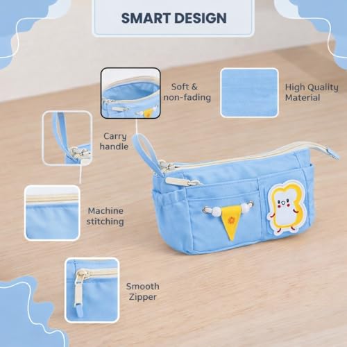 Image of Canvas School Bag Pencil Case, 3 Layer 6 Compartment Large Capacity, Aesthetic Pencil Pouch for Stationary, Cute Stationery for Kids, Pencil Case for Girls & Boys (Sky Blue)