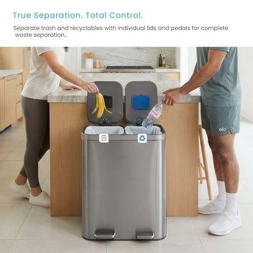 Image of Home Zone Living 13 Gallon Kitchen Trash Can with Dual Compartments | Stainless Steel with Soft-Close Step Pedal Lids for Recycling and Bag Storage Drawer, Rectangular Design, Silver