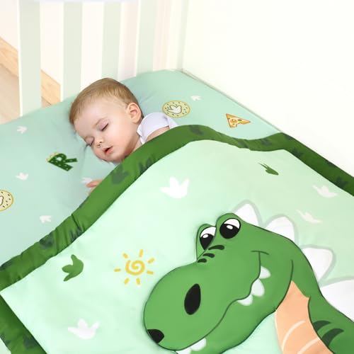 Image of Cloele Crib Bedding Set for Boys,4 Piece Dinosaur Baby Bedding Set,Standard Size Toddler Nursery Bedding Includes Comforter,Crib Skirt,Fitted Sheet&Pillowcase,Soft Dinosaur Blanket-Green