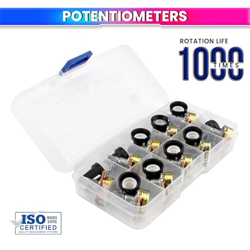 Image of 10Pcs Potentiometer Kit with Switch & Cap | Adjustable Resistors 1K /2K /5K /10K /20K /50K /100K /250K /500K /1M | Durable Carbon Film & Metal Build with 10 Knobs, Nuts & Washers in Storage Box