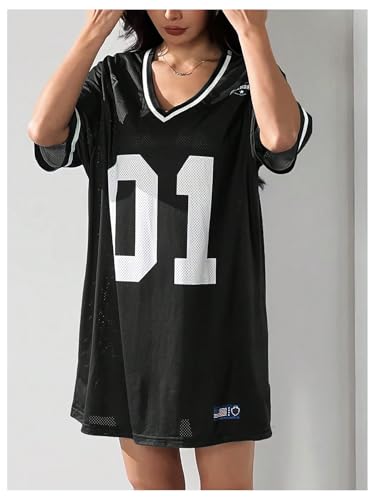 Verdusa Women's Jersey Shirts Dress Graphic Short Sleeve V Neck Loose Casual Short Dresses3