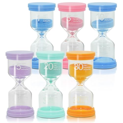 Jomdjmskes 6 Pièces Sablier Brossage Dents Enfant, Minuteur Douche, 1/5/10/15/20/30 Minutes Horloge de Sable Hourglass, Sablier Colore Kit, Compte à Rebours pour Jeux, Cuisine, Exercice, Etude