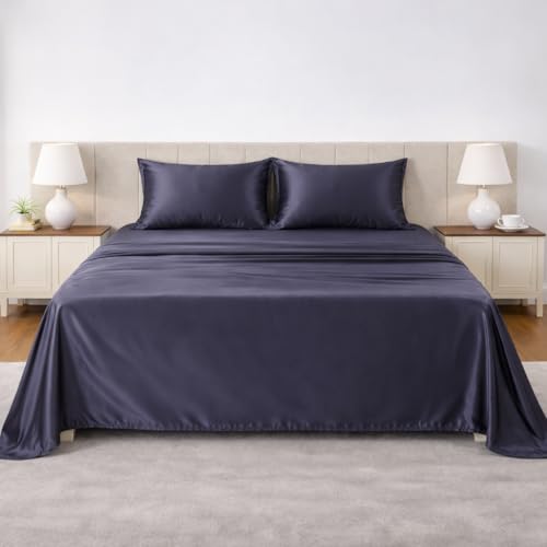 Image of LANE LINEN 100% Cotton Satin Fantasy Bedsheet Double Size - Charcoal