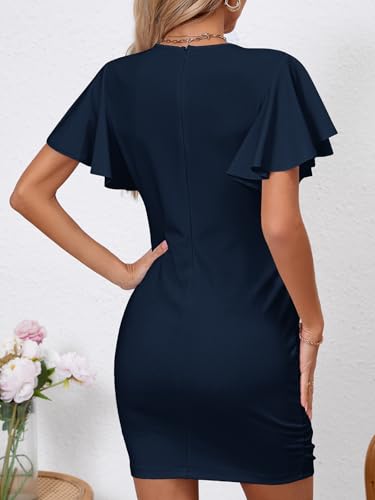 Image of Women's Sexy V Neck Ruffle Sleeve Bodycon Mini Cocktail Party Dress Casual Short Sleeve Work Dress