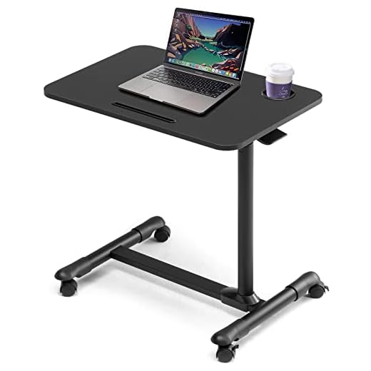 ETHU Mobile Overbed Table with Wheels, Hospital Bedside Table, Height Adjustable Laptop Table, Ergonomic Standing Desk for Office, Home & Hospital (Black)