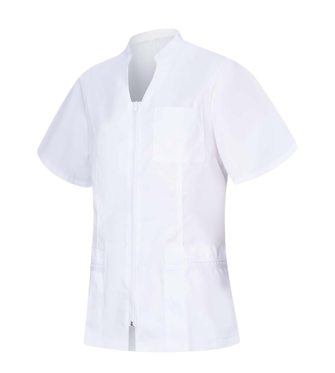 Casaca Sanitaria Mujer Cierre Cremallera Central Cuello Tirilla Manga Corta Entallada Transpirable Uniforme Profesional Farmacia Clínica Comodidad - Serie 702