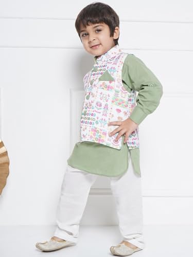 Image of AJ DEZINES Kids Cotton Full Sleeve Printed Kurta Pajama & Waistcoat Set for Boys - Ethnic wear | Special Occasion & Party Outfit | Mandarin Collar Waistcoat for boys - Regular Fit