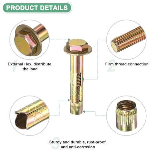 Image of M METERXITY 4-Pack Hex Expansion Bolt, M10x60mm Colored Galvanized Iron-Carbon Steel External Hex Expansion Bolts, Anti-Corrosion Metal Bolt for Concrete /Dry Brick /Block Walls