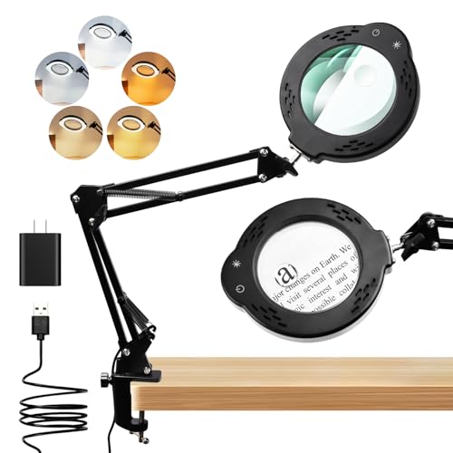 Magnifying Glass with Light and Stand 10X 30X LED Desk Magnifier with Real Glass Lens 5 Color Modes 3 Brightness Levels Hands-Free Magnifying Lamp for Reading Crafts Electronics and Jewelry