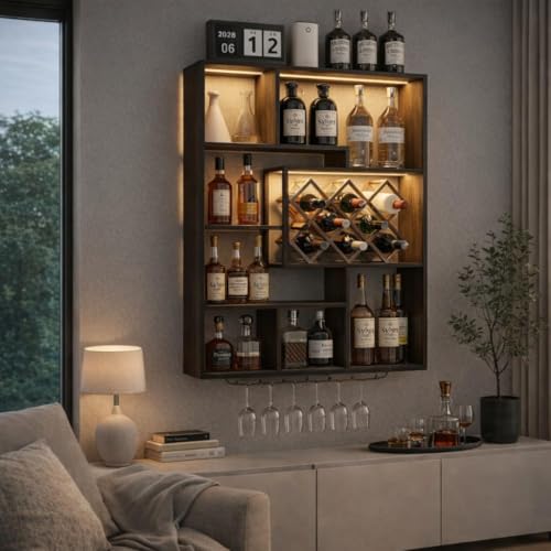 YOURLITE Porte Bouteille Mural Industriel,Étagère à Vin en Métal Murale,avec Porte-Verre,Casier...