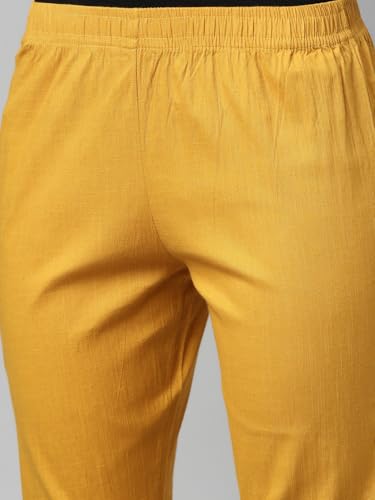 Image of MINELLI Women Solid Cigar Pants, Cotton Lycra Slub Fabric, Elasticated Waistband, Pull On Style, Regular Fit Bottom Wear for Western and Ethnic Wear