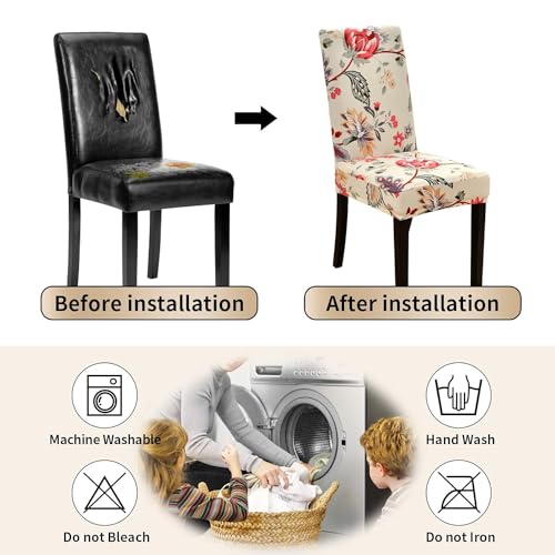 Image of Styleys Chair Covers for Dining Room, Stretch Dining Chair Cover, Washable Spandex Kitchen Chair Slipcovers (Set of 6, Red Leaves, SD3219)