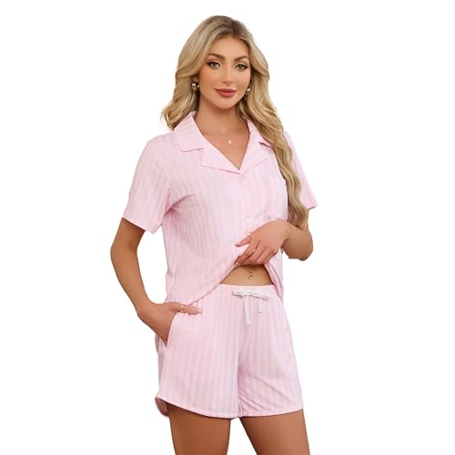 LYCY Womens Striped Pajamas Set Cute Button Down Short Sleeve Pjs 2 Piece Notch Collar Sleepwear Summer (Light Pink Stripe M)
